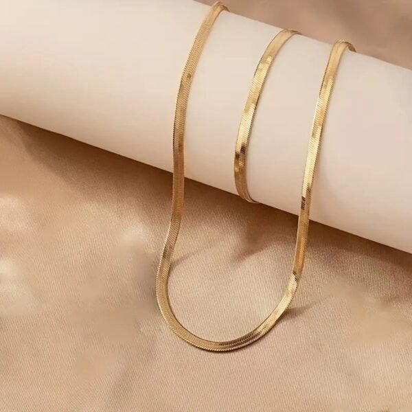 2-Piece Set Sexy & Simple 18K Gold-Plated Flat Snake Chain Necklace and Bracelet Set for Women, No Mosaic, Alloy Material, Suitable for Daily Wear - Image 3