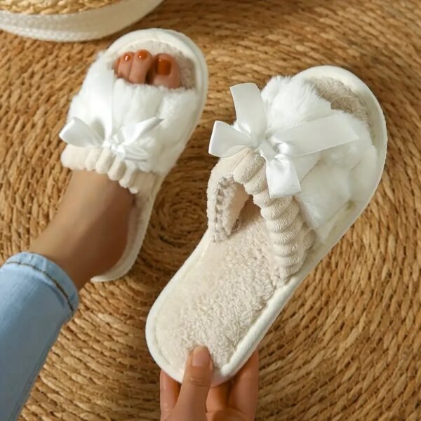 Warm Bowknot Decor Slippers, Casual Open Toe Plush Shoes, Comfortable Indoor Home Slippers - Image 4