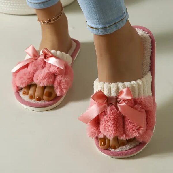 Warm Bowknot Decor Slippers, Casual Open Toe Plush Shoes, Comfortable Indoor Home Slippers - Image 2