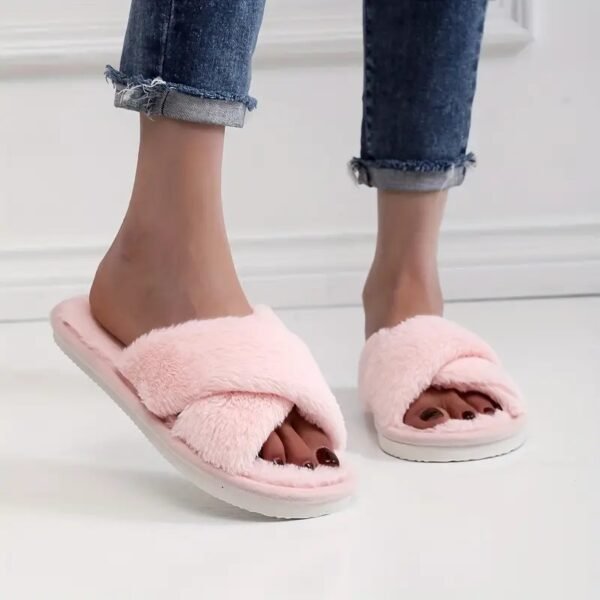 Solid Color Cross Strap Slippers, Casual Slip On Plush Shoes, Comfortable Indoor Home Slippers - Image 2