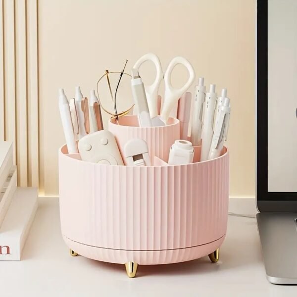 1pc Desktop Rotating Storage Bucket, Makeup Brush Holder, Cosmetics Storage Container, Plastic Makeup Storage Rack, Dorm Bedroom Bathroom Accessories, Makeup Organizer, Vanity Organizer, Home Organization And Storage Supplies, Room Decor - Image 2