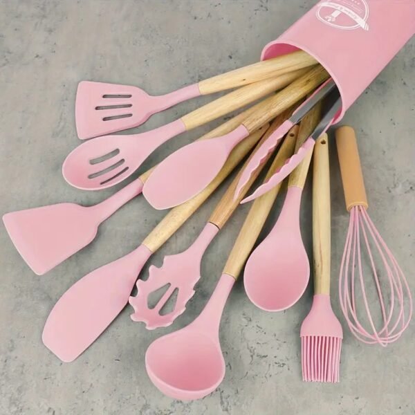 12pcs/set, Silicone Utensil Set, Kitchen Utensil Set, Safety Cooking Utensils Set, Non-Stick Cooking Utensils Set With Wooden Handle, Washable Modern Cookware, Kitchen Stuff, Kitchen Gadgets, Kitchen Essentials - Image 2