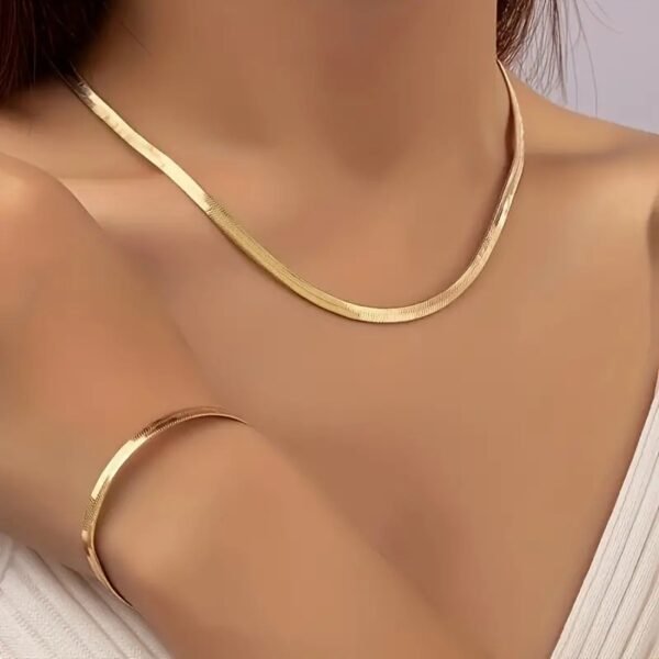 2-Piece Set Sexy & Simple 18K Gold-Plated Flat Snake Chain Necklace and Bracelet Set for Women, No Mosaic, Alloy Material, Suitable for Daily Wear