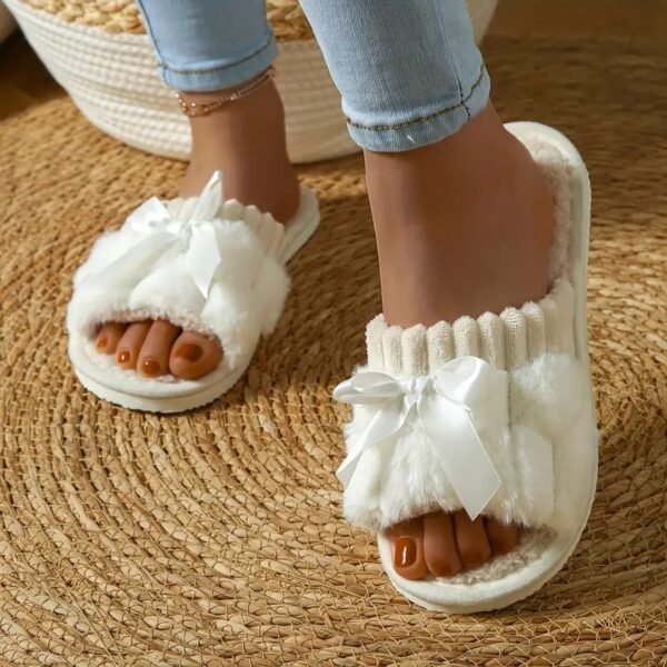 Warm Bowknot Decor Slippers, Casual Open Toe Plush Shoes, Comfortable Indoor Home Slippers