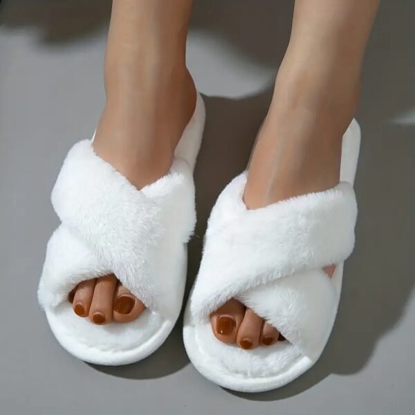 Solid Color Cross Strap Slippers, Casual Slip On Plush Shoes, Comfortable Indoor Home Slippers - Image 3