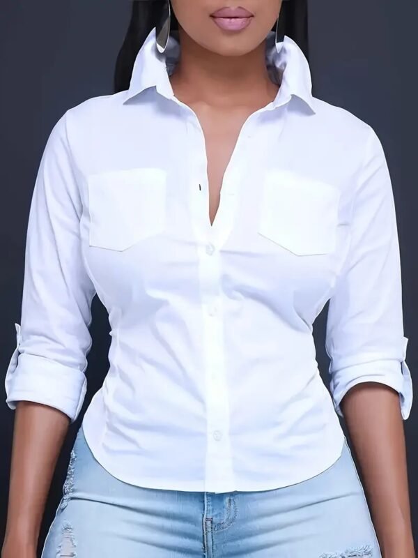 Solid Color Button Front Shirt, Casual Long Sleeve Pocket Shirt For Spring & Fall, Women's Clothing