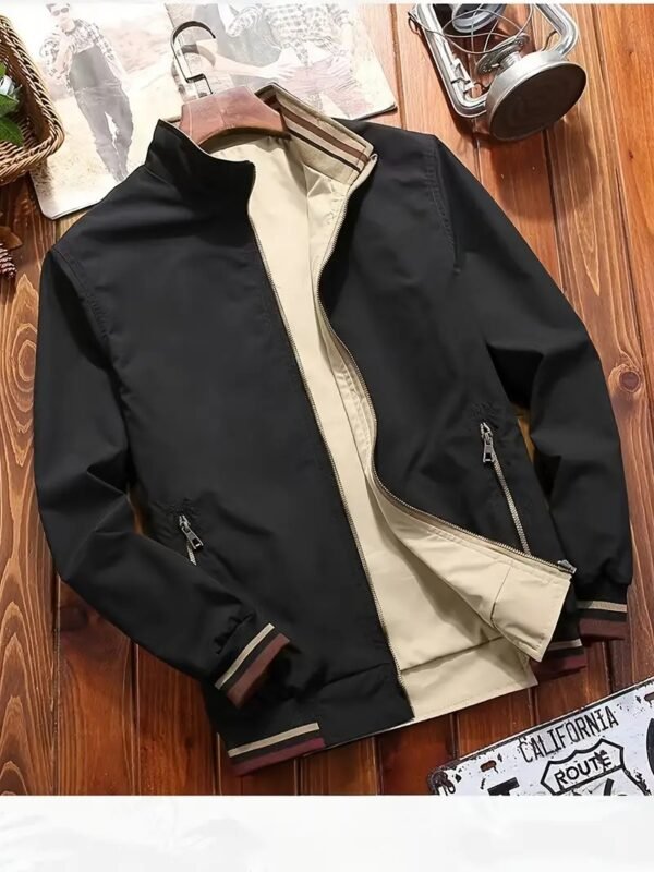 Men's Spring And Autumn Classic Design Reversible Striped Stand Collar Zip Up Long Sleeve Windbreaker Jacket, Versatile For Outdoors Leisurewear
