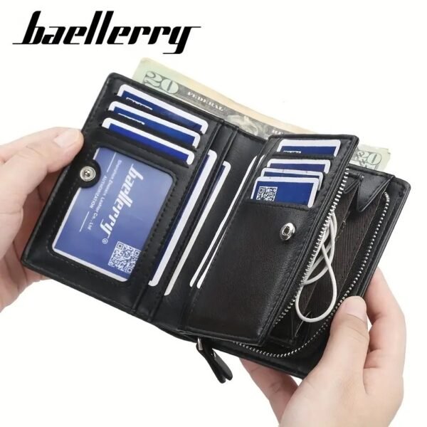 Baellerry Men's Business Retro Short Wallet Multi-card Slot PU Leather Buckle Zipper Bank Card Holder - Image 7