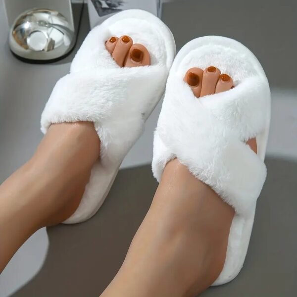 Solid Color Cross Strap Slippers, Casual Slip On Plush Shoes, Comfortable Indoor Home Slippers - Image 4
