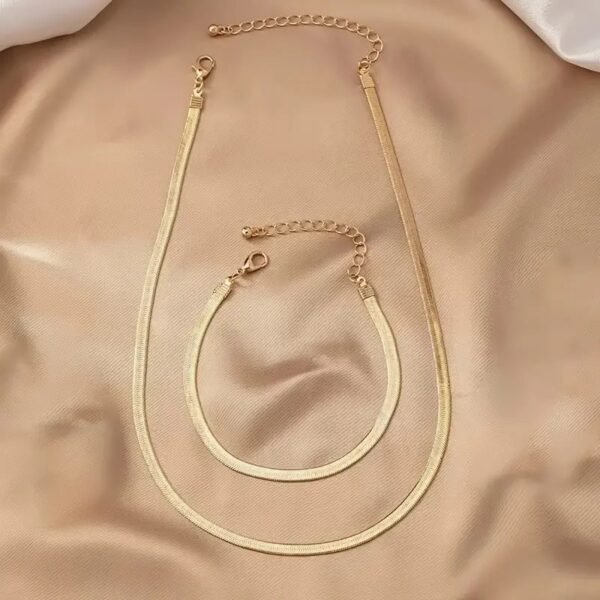 2-Piece Set Sexy & Simple 18K Gold-Plated Flat Snake Chain Necklace and Bracelet Set for Women, No Mosaic, Alloy Material, Suitable for Daily Wear - Image 2