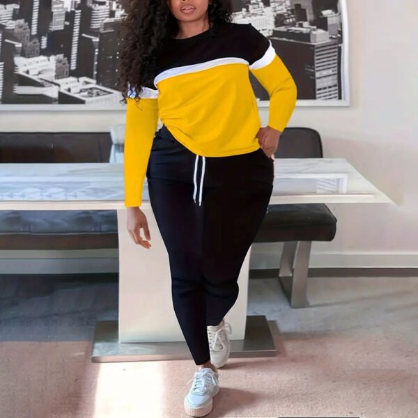 Plus Size Casual Outfits Two Piece Set, Women's Plus Colorblock Long Sleeve Round Neck Top & Pants Outfits 2 Piece Set - Image 5