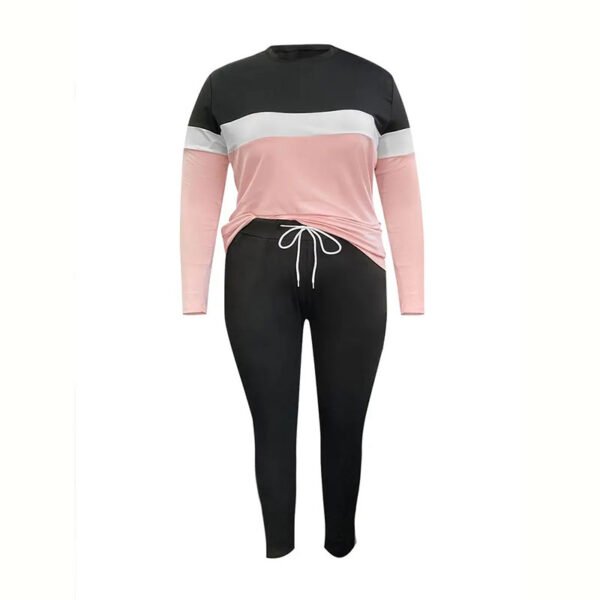 Plus Size Casual Outfits Two Piece Set, Women's Plus Colorblock Long Sleeve Round Neck Top & Pants Outfits 2 Piece Set - Image 4