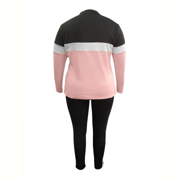 Plus Size Casual Outfits Two Piece Set, Women's Plus Colorblock Long Sleeve Round Neck Top & Pants Outfits 2 Piece Set - Image 3