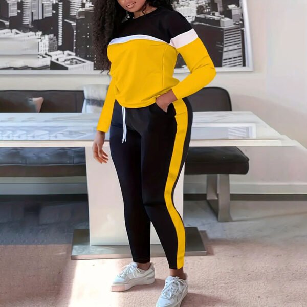 Plus Size Casual Outfits Two Piece Set, Women's Plus Colorblock Long Sleeve Round Neck Top & Pants Outfits 2 Piece Set