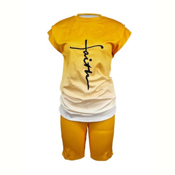 Casual Daily Two-piece Set, Faith Letter Print Short Sleeve Tops & Solid Shorts Outfits, Women's Clothing - Image 3