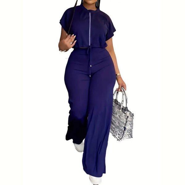 Casual Solid Two-piece Set, Crew Neck Short Sleeve Tops & Drawstring Long Length Pants Outfits, Women's Clothing - Image 4