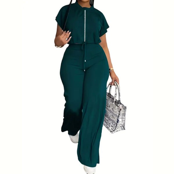 Casual Solid Two-piece Set, Crew Neck Short Sleeve Tops & Drawstring Long Length Pants Outfits, Women's Clothing - Image 3