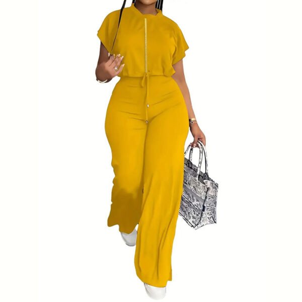 Casual Solid Two-piece Set, Crew Neck Short Sleeve Tops & Drawstring Long Length Pants Outfits, Women's Clothing