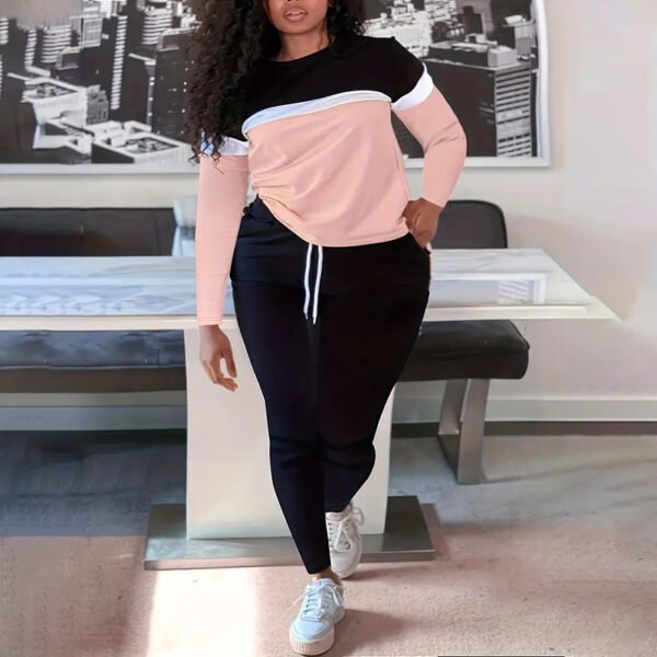 Plus Size Casual Outfits Two Piece Set, Women's Plus Colorblock Long Sleeve Round Neck Top & Pants Outfits 2 Piece Set - Image 2