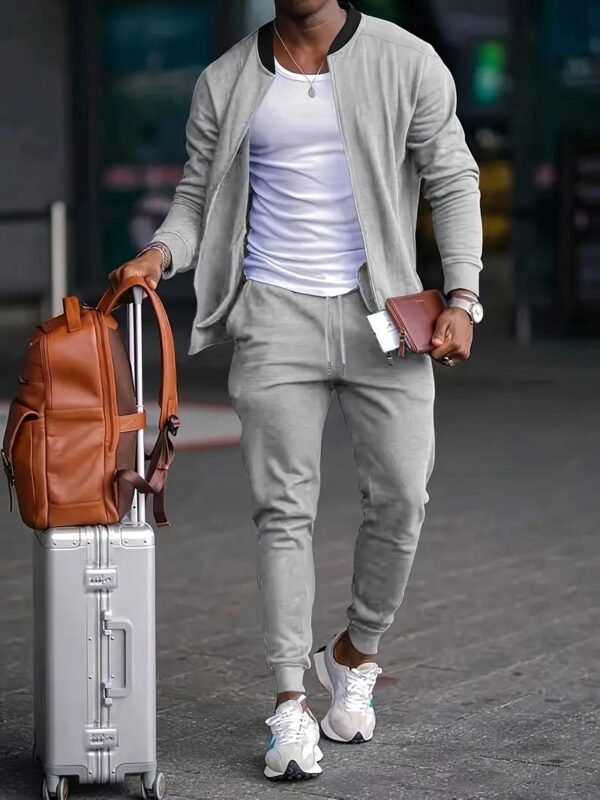 Business Mature Style Men's Solid Band Collar Jacket & Slim Fit Joggers Set, 2Pcs Outfits - Image 4