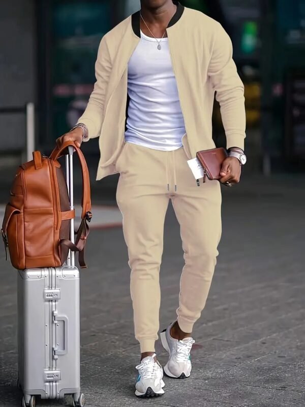 Business Mature Style Men's Solid Band Collar Jacket & Slim Fit Joggers Set, 2Pcs Outfits - Image 6
