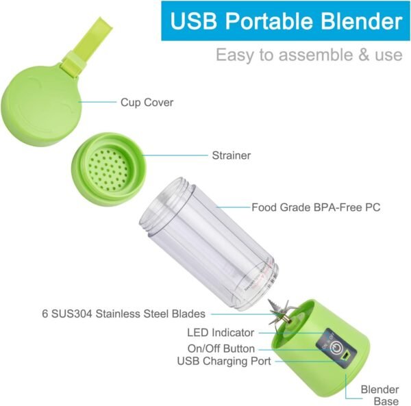 La Hestiare Portable Blender, Personal Size Blender Shakes And Smoothies, Mini Juicer Cup Usb Rechargeable, Handheld Travel Blender Fruit Mixer 380ml (Green) - Image 6