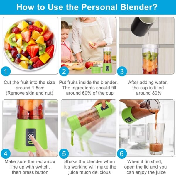 La Hestiare Portable Blender, Personal Size Blender Shakes And Smoothies, Mini Juicer Cup Usb Rechargeable, Handheld Travel Blender Fruit Mixer 380ml (Green) - Image 3